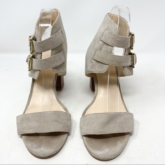 Nine West Galiceno Double Ankle Strap Sandals Genuine Suede Taupe Block Heels - Picture 4 of 10